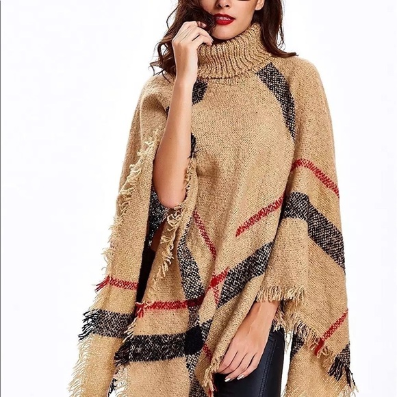 Sweaters - Camel Plaid Chunky Knit Sweater Poncho